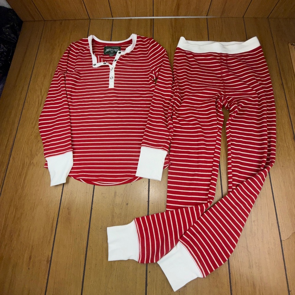 American Eagle Pajama Set XS Red White Striped Waffle Knit Henley Thermal